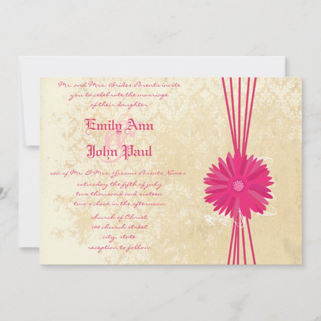 Damask Fuchsia Gerber Daisy Wedding Invitation (Front)