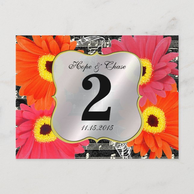 Damask Fuchsia Gerber Daisy Wedding Table Number (Front)