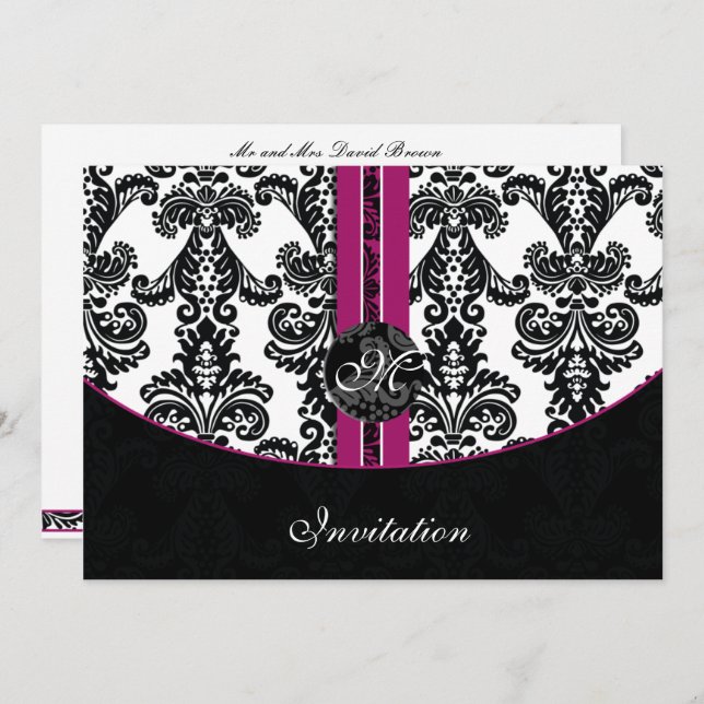 damask fuchsia wedding invitation (Front/Back)