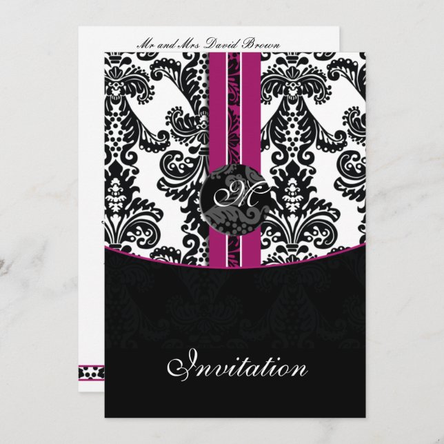 damask fuchsia wedding invitation (Front/Back)