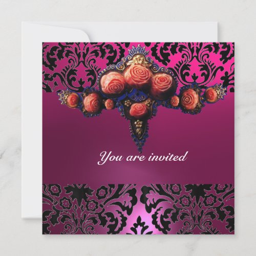 DAMASK GEM AND PINK ROSES MONOGRAM INVITATION