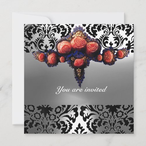 DAMASK GEM AND PINK ROSES MONOGRAM INVITATION