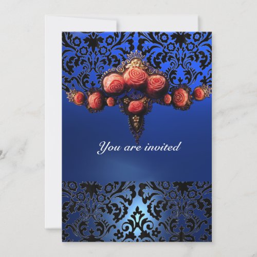 DAMASK GEM AND PINK ROSES MONOGRAM INVITATION