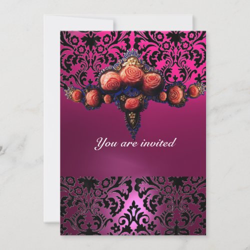 DAMASK GEM AND PINK ROSES MONOGRAM INVITATION