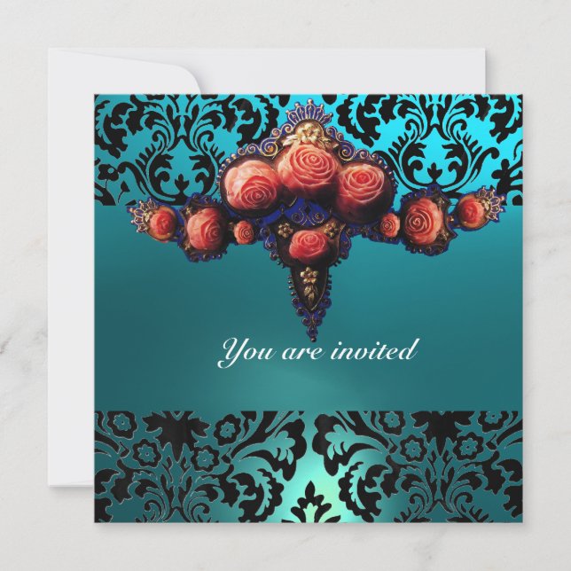 DAMASK GEM AND PINK ROSES MONOGRAM INVITATION (Front)