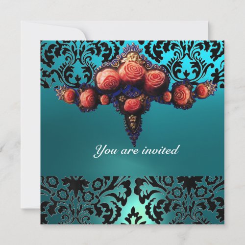 DAMASK GEM AND PINK ROSES MONOGRAM INVITATION