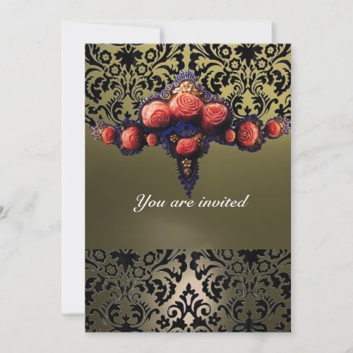 DAMASK GEM AND PINK ROSES MONOGRAM INVITATION