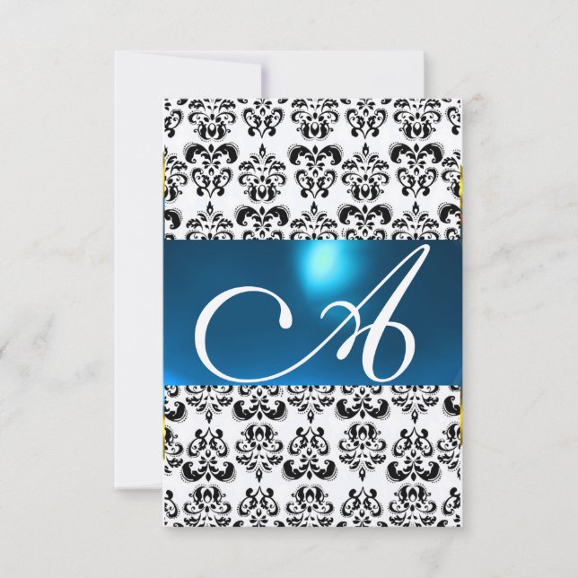 DAMASK GEM MONOGRAM blue rsvp gold Invitation (Front)