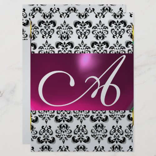 DAMASK GEM MONOGRAM purple pink black white silver Invitation