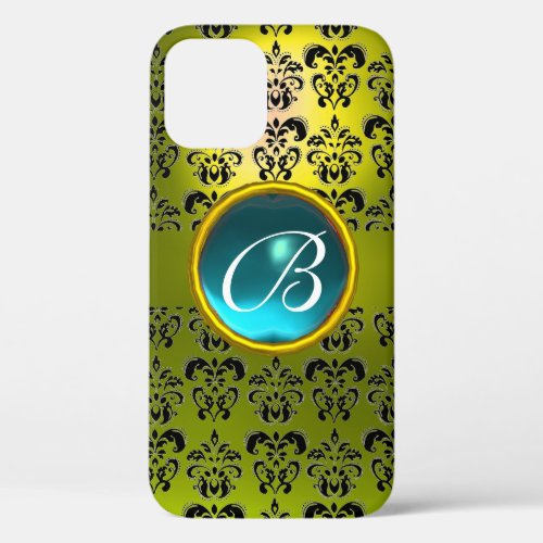 DAMASK GEM MONOGRAM yellow blue aquamarine iPhone 12 Case