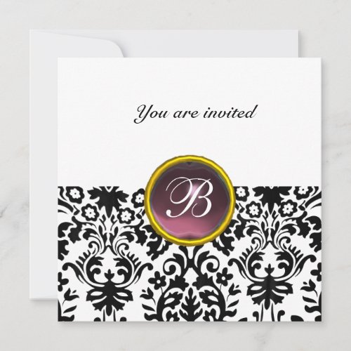 DAMASK GEM STONE MONOGRAM amethyst purple white Invitation