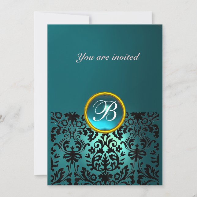 DAMASK GEM STONE MONOGRAM aquamarine blue Invitation (Front)