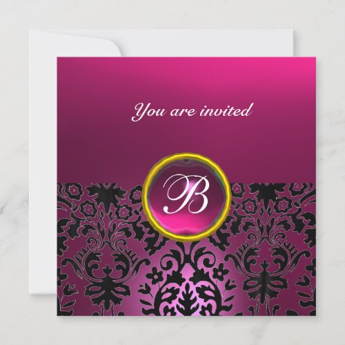 DAMASK GEM STONE MONOGRAM black fuchsiaviolet Invitation