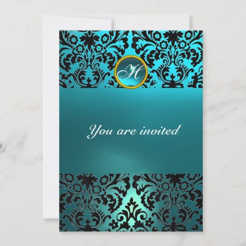 DAMASK GEM STONE MONOGRAM blue aquamarine Invitation