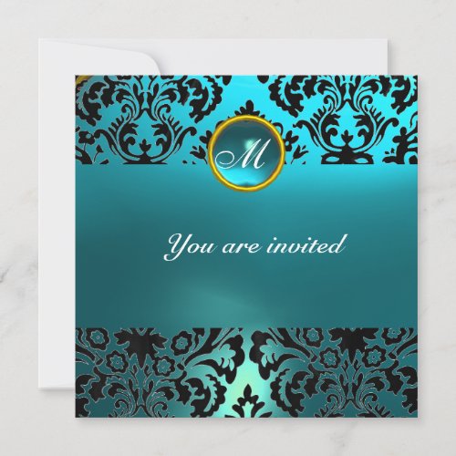 DAMASK GEM STONE MONOGRAM blue aquamarine Invitation