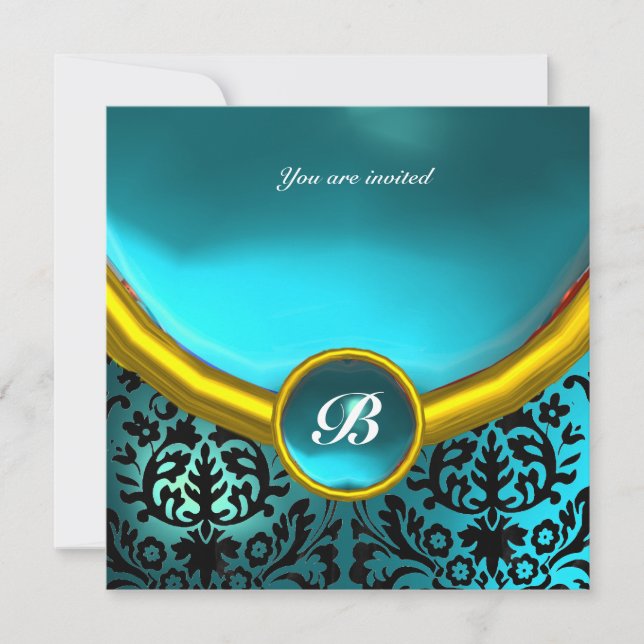 DAMASK GEM STONE MONOGRAM blue aquamarine Invitation (Front)