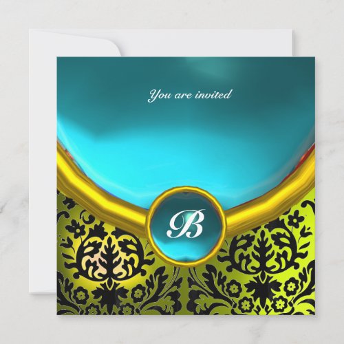 DAMASK GEM STONE MONOGRAM blue aquamarine yellow Invitation