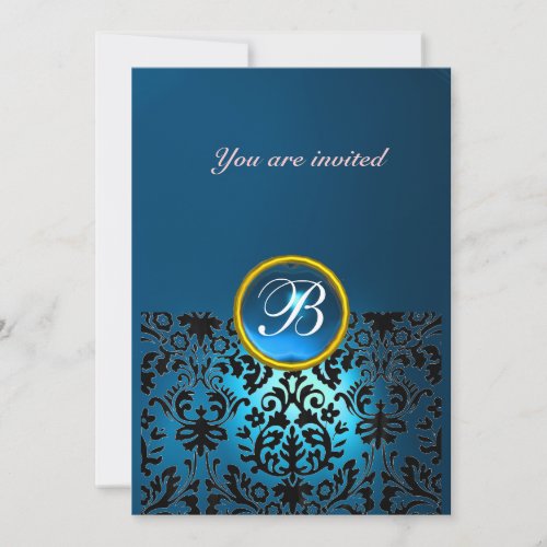 DAMASK GEM STONE MONOGRAM blue black white Invitation