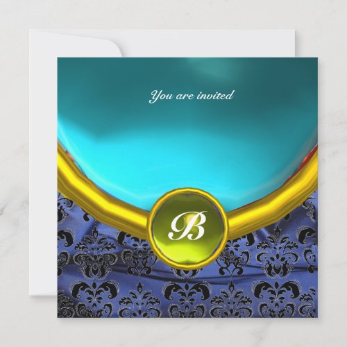 DAMASK GEM STONE MONOGRAM blue black yellow white Invitation