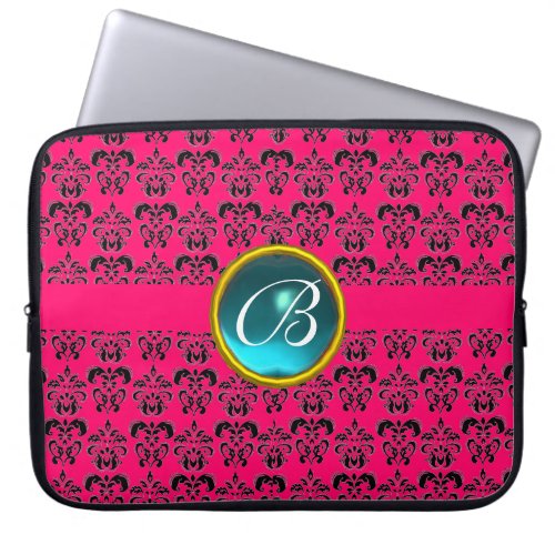 DAMASK GEM STONE MONOGRAM blue fucsia black Laptop Sleeve