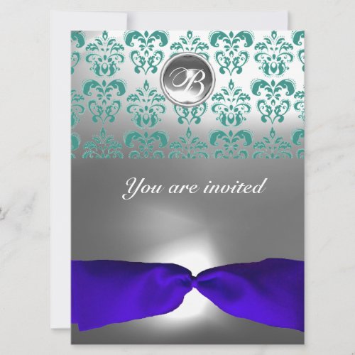 DAMASK GEM STONE MONOGRAM blue ribbon Invitation