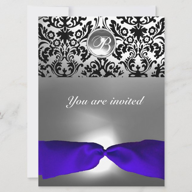 DAMASK GEM STONE MONOGRAM blue ribbon Invitation (Front)