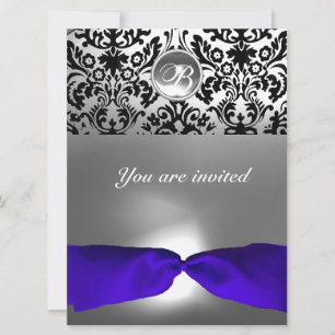 DAMASK GEM STONE MONOGRAM blue ribbon Invitation