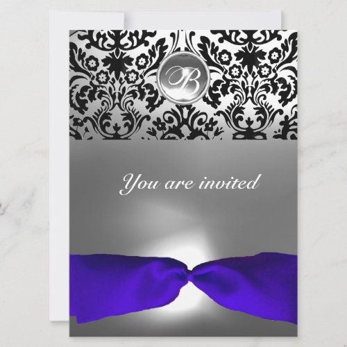 DAMASK GEM STONE MONOGRAM blue ribbon Invitation