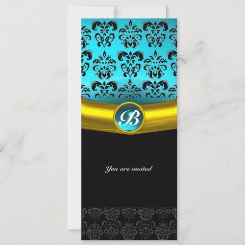 DAMASK GEM STONE MONOGRAM blue turquase Invitation