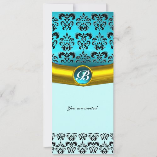 DAMASK GEM STONE MONOGRAM blue turquase Invitation