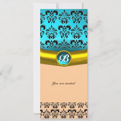 DAMASK GEM STONE MONOGRAM blue turquase Invitation