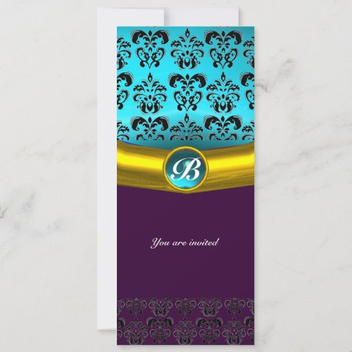 DAMASK GEM STONE MONOGRAM blue turquase Invitation