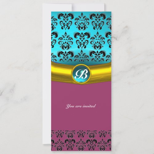 DAMASK GEM STONE MONOGRAM blue turquase Invitation