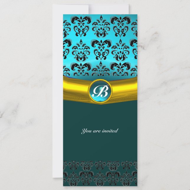 DAMASK GEM STONE MONOGRAM ,blue turquase Invitation (Front)