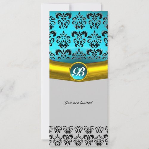 DAMASK GEM STONE MONOGRAM blue white black yellow Invitation