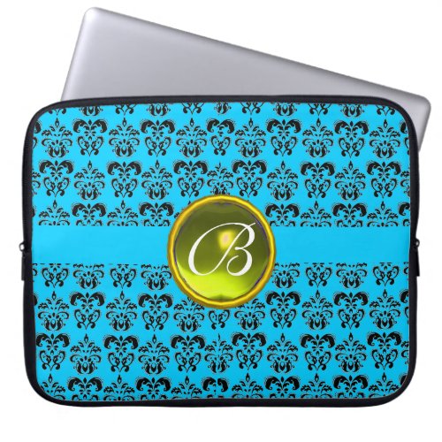 DAMASK GEM STONE MONOGRAM blue yellow black Laptop Sleeve