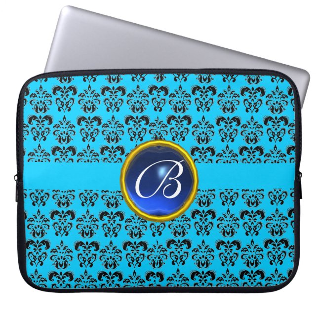 DAMASK GEM STONE MONOGRAM blue yellow black Laptop Sleeve (Front)