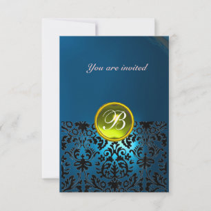 DAMASK GEM STONE MONOGRAM blue yellow rsvp Invitation