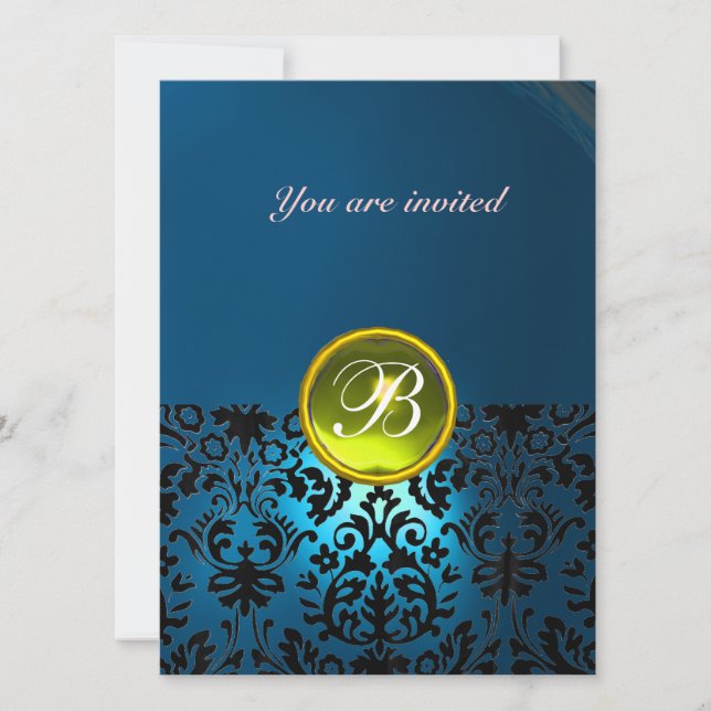 DAMASK GEM STONE MONOGRAM blue yellow rsvp Invitation (Front)