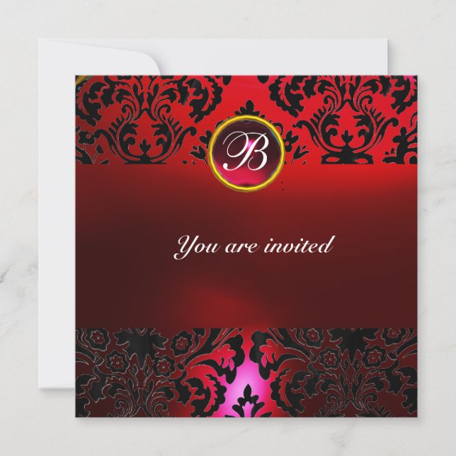 DAMASK GEM STONE MONOGRAM burgundi red Invitation (Front)