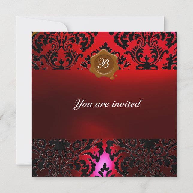 DAMASK GEM STONE MONOGRAM burgundi red wax seal Invitation (Front)