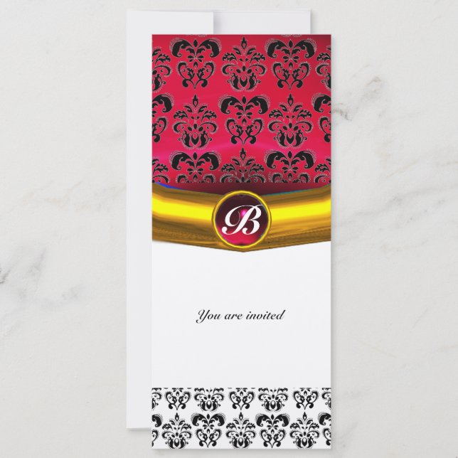 DAMASK GEM STONE MONOGRAM gold red burgundy Invitation (Front)