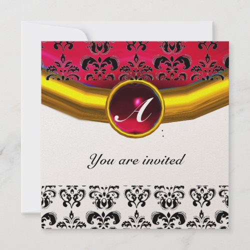 DAMASK GEM STONE MONOGRAM gold red burgundy Invitation