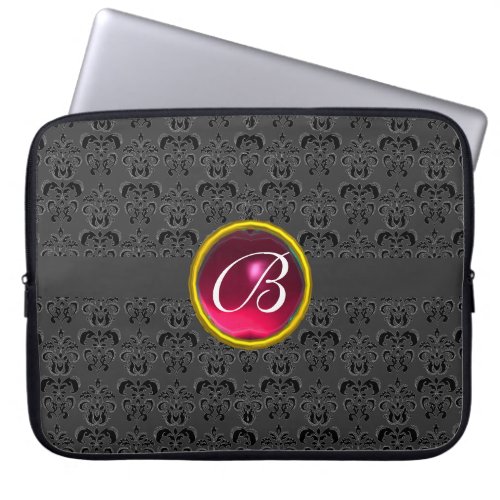 DAMASK GEM STONE MONOGRAM gray fuchsia black Laptop Sleeve