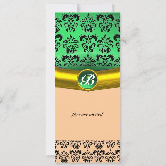 DAMASK GEM STONE MONOGRAM green Invitation (Front)