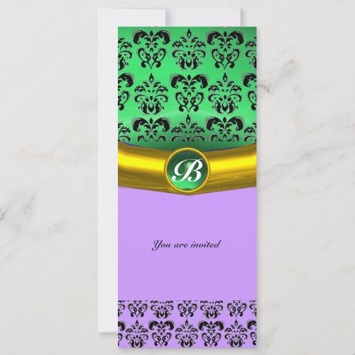 DAMASK GEM STONE MONOGRAM greenvioletpink Invitation