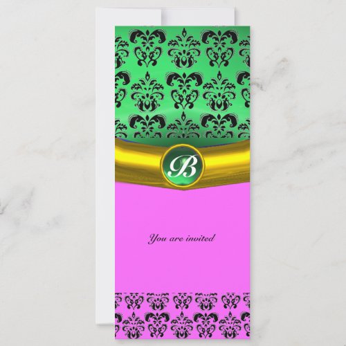 DAMASK GEM STONE MONOGRAM greenvioletpink Invitation