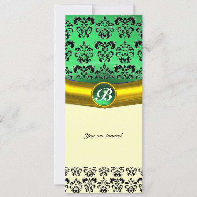 DAMASK GEM STONE MONOGRAM green white yellow black Invitation (Front)