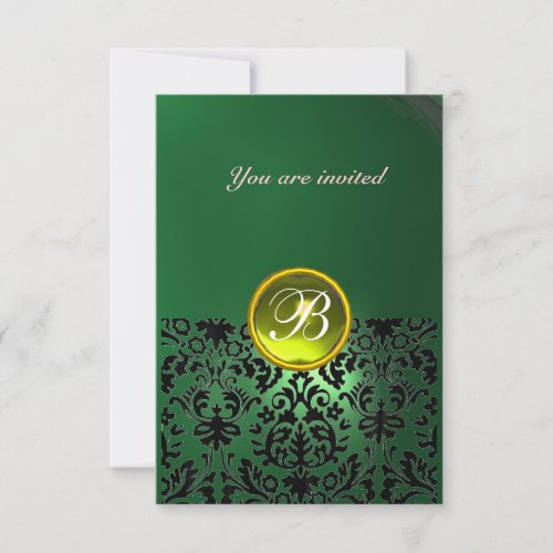 DAMASK GEM STONE MONOGRAM green yellow rsvp Invitation