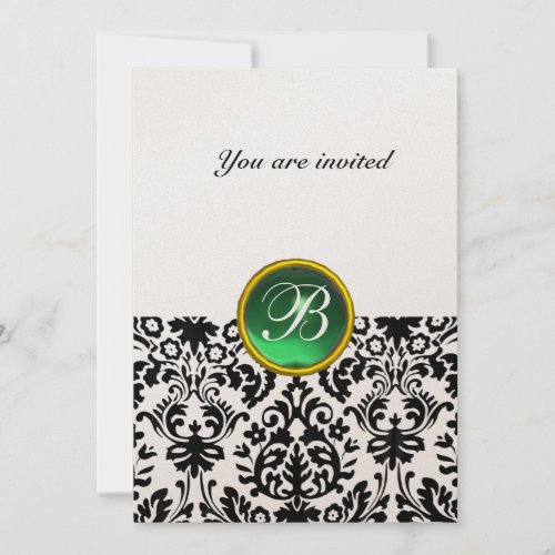 DAMASK GEM STONE MONOGRAM jade green gold Invitation